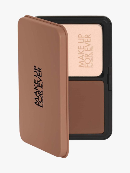 Make Up For Ever HD Skin Matte Velvet Powder Foundation black and brown compact of powder foundation on its side on light gray background