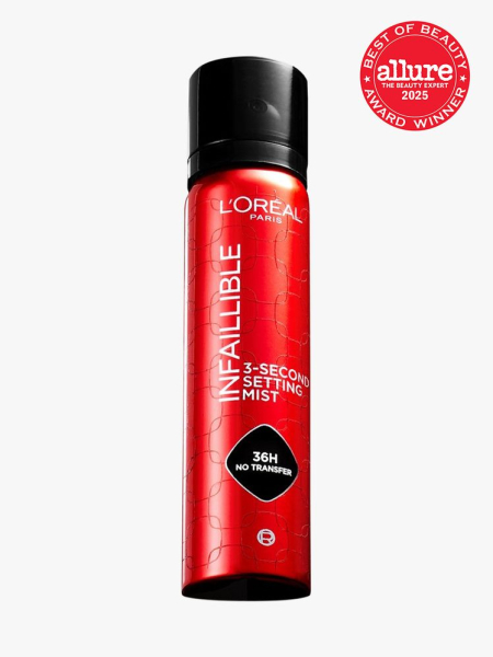 L’Oréal Paris Infallible 3-Second Setting Spray in branded red bottle with black cap on light gray background with red Allure Best of Beauty seal in the top right corner