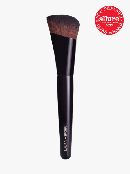 Laura Mercier Real Flawless Foundation Brush black and brown angled foundation brush on light gray background with red Allure Best of Beauty seal in the top right corner