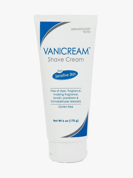 Vanicream Shave Cream in branded tube component on a light gray background