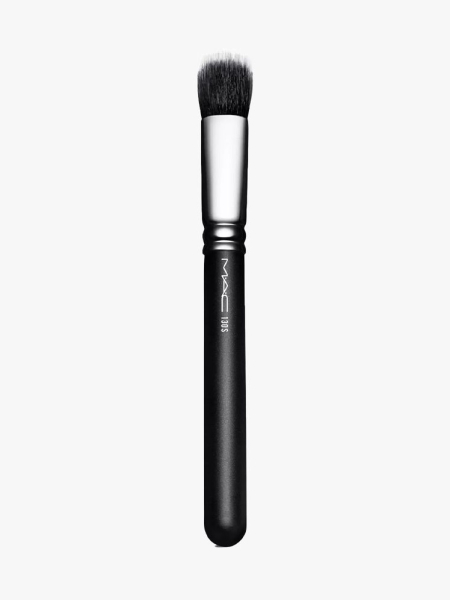 MAC 130S Short Duo Fibre Brush black and silver foundation stippling brush on light gray background