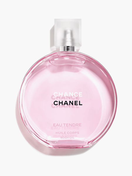 Chance Eau Tendre Body Oil in branded clear bottle with cap on light gray background